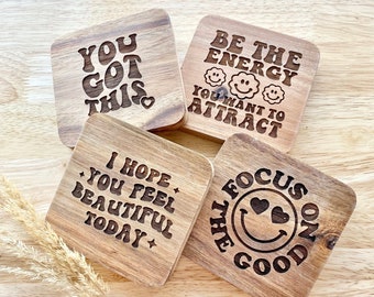 Retro Wood Quote Coasters-Set of 4, Motivational Coasters, Retro Gifts, Housewarming, Office