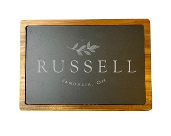 Personalized Slate & Acacia Wood Serving Board: Housewarming Gift, Cutting Board