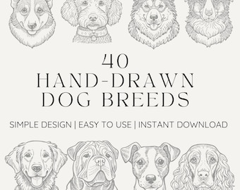 Hand-Drawn Dog Breeds Line Art: 40 Illustrations (SVG, PDF Digital Download)