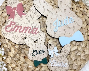 Personalized Bunny Easter Basket Tags and Signs | Bunny Name Tag | 3D Engraved | Bunny with Bow