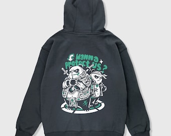 May include: A dark gray hooded sweatshirt with a graphic print of two pandas on the back. The pandas are wearing sunglasses and one is holding a sword. The text "Wanna protect us?" is printed above the pandas.