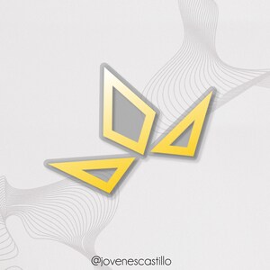 May include: A stylized abstract design with a yellow geometric shape on a white background with a gray wavy pattern.
