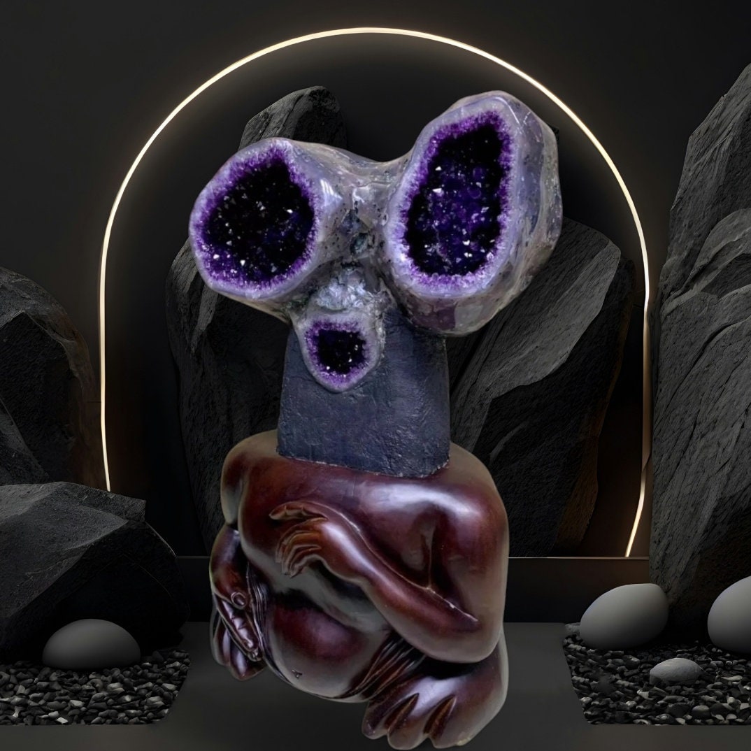 Extraterrestrial Amethyst Natural Crystal Sculpture with Wood Stand and  Imported by Abwoon Warrior