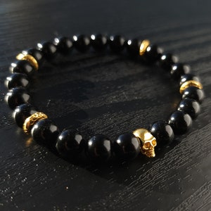 Black Tourmaline Bracelet | Memento Mori Bracelet | Gold Skull Bracelet | Root Chakra Bracelet | Protection Bracelet