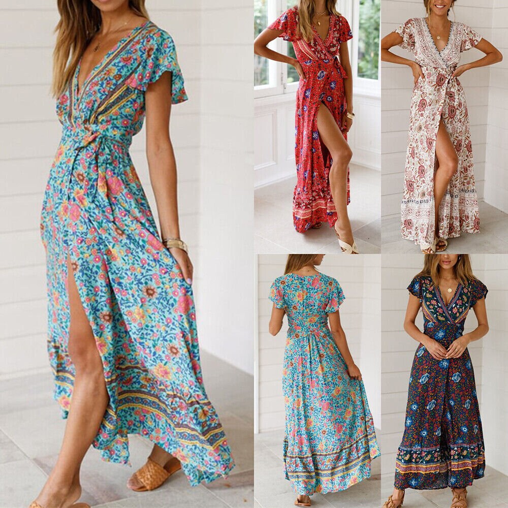 Plus Size Women Boho Wrap Floral Maxi Dress Ladies Summer - Etsy UK