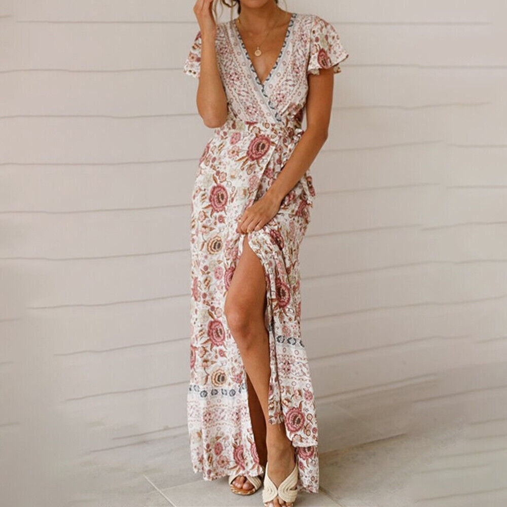 Plus Size Women Boho Wrap Floral Maxi Dress Ladies Summer - Etsy UK