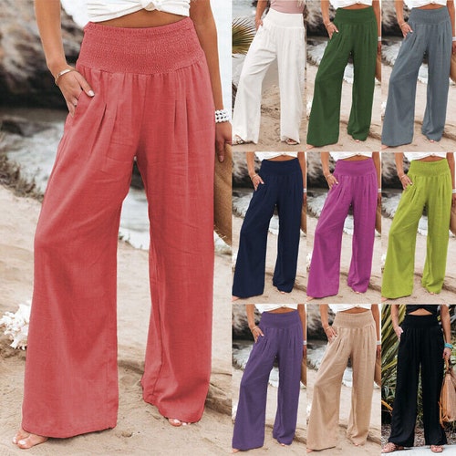 Palazzo Pants Wide Leg Casual Solid Waist Trousers Women's - Etsy