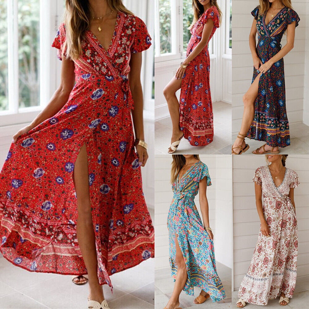 Plus Size Women Boho Wrap Floral Maxi Dress Ladies Summer - Etsy UK