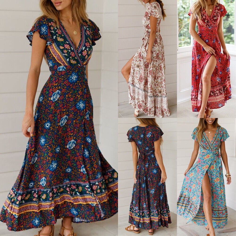 Plus Size Women Boho Wrap Floral Maxi Dress Ladies Summer - Etsy UK