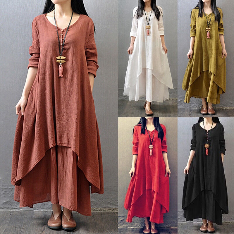 Plus Size Womens Cotton Linen Long Dress Ladies Casual Kaftan - Etsy UK