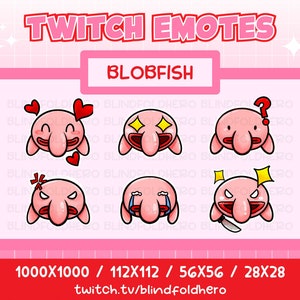 Peut inclure: Ensemble de six émojis Twitch de poissons blob roses avec différentes expressions, notamment des cœurs, des points d'interrogation, de la colère, des pleurs et un couteau. Les émojis sont disponibles en quatre tailles : 1000x1000, 112x112, 56x56 et 28x28. Le texte "twitch.tv/blindfoldhero" se trouve en bas de l'image.