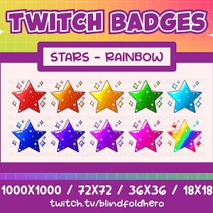 RAINBOW STARS Sub/Bit Badges (10) | For Streaming on Twitch, Discord, YouTube | Cute Kawaii Chibi Star Pretty Emote Pack