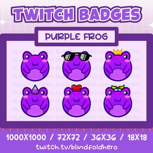 PURPLE FROG Sub/Bit Badges (6) | For Streaming on Twitch, Discord, YouTube | Cute Kawaii Chibi Cool Sunglasses Crown Party Heart Love Leaf