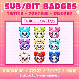 TWICE LOVELYS Sub/Bit Anstecker (9) | Zum Streamen auf Twitch, Discord, YouTube | K-Pop Mascot Niedliches Kawaii Chibi Einmal Kpop Emoji Emote