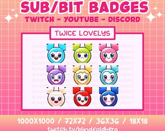 TWICE LOVELYS Sub/Bit Badges (9) | For Streaming on Twitch, Discord, YouTube | K-Pop Mascot Cute Kawaii Chibi Once Kpop Emoji Emote