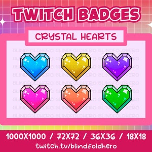 CRYSTAL HEART Sub/Bit Badges (6) | For Streaming on Twitch, Discord, YouTube | Cute Kawaii Gem Sailor Moon Love Chibi