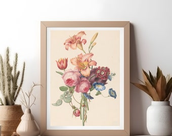 Cartaz de flores, pintura de retratos de flores. Arte floral na parede, decoração de parede de sala de estar de primavera