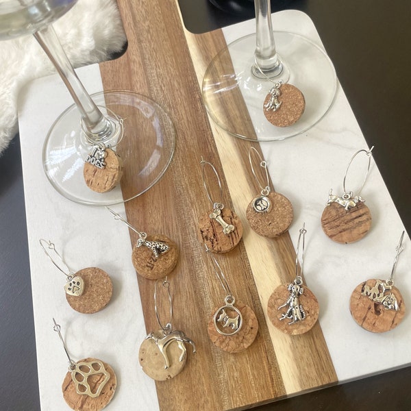 Personalizable Dog Lover Wine Glass Charms, Dog Mom Wine Charms, Glass Drink Tags, Cork Wine Charms for Dog Dad, Wedding Favor for Dog Fans