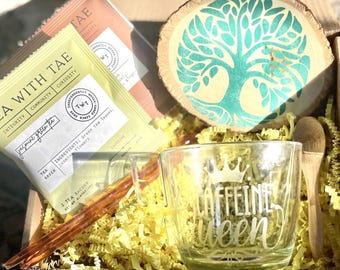 Tea Lover Gift Box, Etched Mug, Wooden Coaster, Hygge Wellness Set, Relaxation Care Package