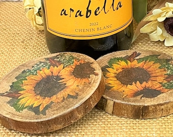Wood Slice Sunflower Coasters, Live Edge Modern Rustic Coaster Sets, Rugged Wooden Decor, Woodland Decor, Farmhouse Inspired Sunflower Gift