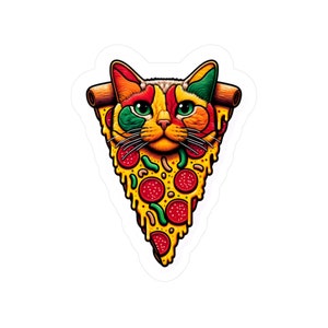 Może przedstawiać: Kolorowa naklejka przedstawiająca pyszczek kota wkomponowany w kawałek pizzy. Twarz kota ma odcienie pomarańczu, czerwieni, zieleni i żółci, z pepperoni i zieloną papryką na pizzy. Naklejka ma białą obwódkę.