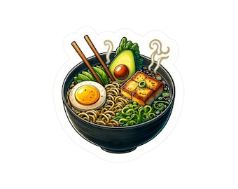 Deluxe Ramen Bowl Sticker, Waterproof Vinyl Decal with Egg & Tofu, Perfect for Food Lovers, Ideal for Laptops