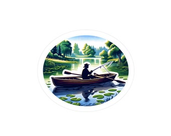 Tranquil Lake Fishing Vinyl Sticker - Canoe Angler Serene Nature Scene Decal, Gift for Fishers