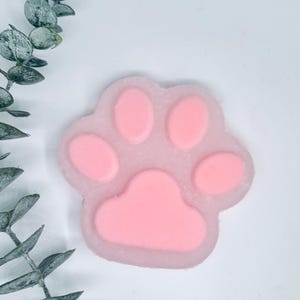 May include: A light pink paw-shaped item with a darker pink paw print design. The item has a soft, textured appearance and is set against a white background. Decorative greenery is visible in the upper left corner.