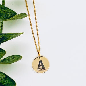 Engraved Initial Necklace and date,Personalized Engraved Handmade Gift Medallion Pendant Custom Name Engraved Coin Necklace for Women