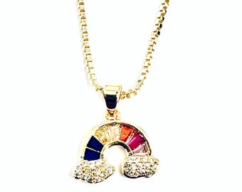 Golden Stainless Steel Rainbow Pendant Necklace, Cubic Zirconia Cloud
