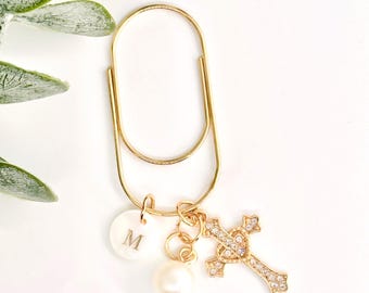 Mini Initial Paper Clip: Cross, Pearl, Planner Accessory
