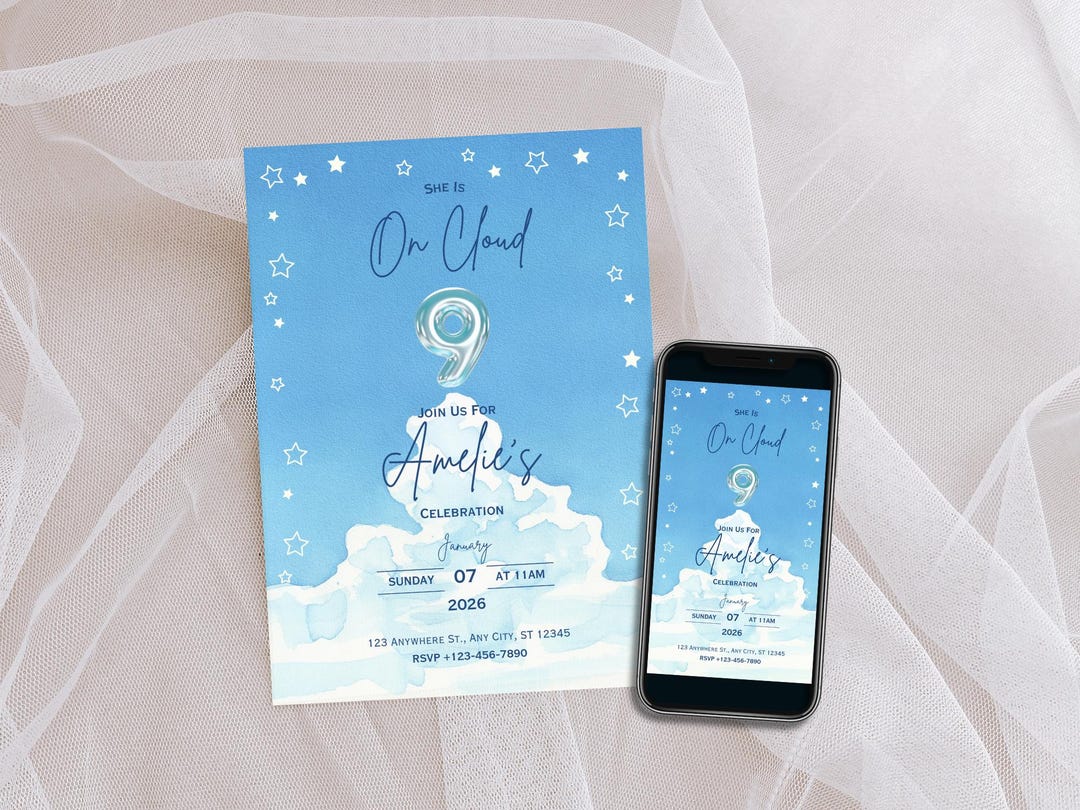 On Cloud 9 Birthday Party Invitation Template Pastel Blue 9 Bday Party ...