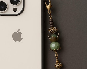Antique Brass & Green Beaded Charm: Phone Charm, Zipper Pull