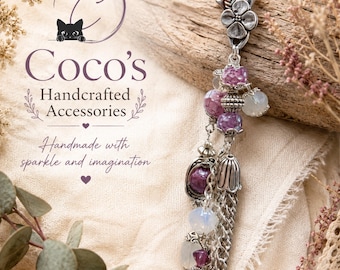 Boho Beaded Purse Charm, Handmade Silver Chain Tassel Bag Charm, Purple Crystal Keychain, Cottagecore Gift
