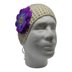 Cream Crochet Headband with Purple