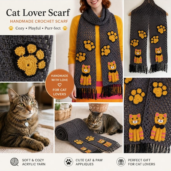 Handmade Crochet Cat Pattern Scarf