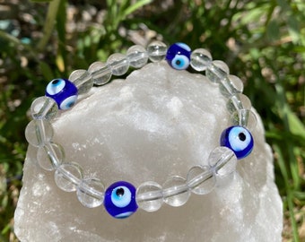 Evil Eye and Clear Quartz Crystal beaded Bracelet for Protection and Good Luck