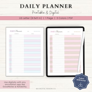 Puede incluir: Un planificador diario imprimible y digital en tamaño carta de EE. UU. (8,5 x 11 pulgadas). El planificador tiene tres colores: rosa, azul y beige. Incluye una sección de horario y una sección de notas. El planificador está diseñado para su uso con aplicaciones de anotación digital como GoodNotes y Notability.