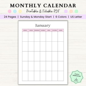 Editable Undated Monthly Calendar | 12 Month Reusable Calendar Template | Undated Perpetual Calendar | Yearly Desk Calendar | Printable PDF