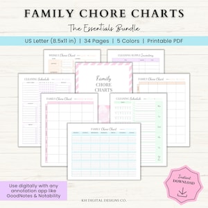 Family Chore Charts | Weekly Cleaning Schedule Printable | ADHD Chore Chart | House Cleaning Schedule Planner | Chore Charts for 2-5 people