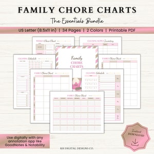 Family Chore Charts | Weekly Cleaning Schedule Printable | ADHD Chore Chart | House Cleaning Schedule Planner | Chore Charts for 2-5 people