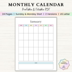 Editable Undated Monthly Calendar | 12 Month Reusable Calendar Printable | One Page Perpetual Calendar PDF | Blank Monthly Calendar Template