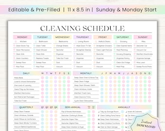 May include: A printable cleaning schedule with a colorful pastel design. The schedule is divided into daily, weekly, monthly, quarterly, semi-annual, and annual tasks. The schedule includes tasks such as cleaning the kitchen, bathroom, bedrooms, living room, and laundry. The schedule is 11 inches by 8.5 inches and is designed to start on Sunday and Monday.