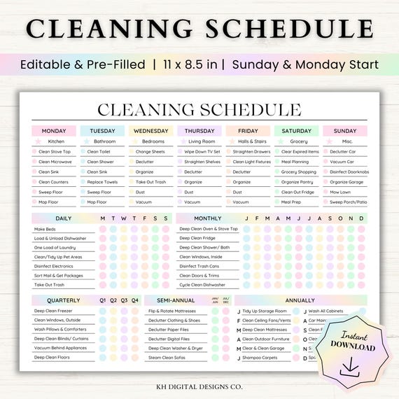 Editable Cleaning Schedule | Adult Chore Chart | Cleaning Planner | Adhd Cleaning Checklist | Cleaning Chart Template | Household Chore List