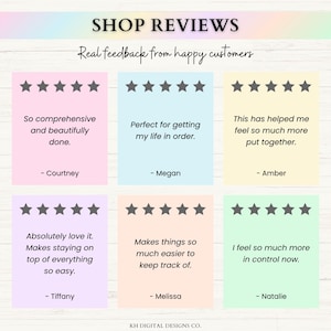 May include: A digital graphic with the text "SHOP REVIEWS" and "Real feedback from happy customers." Six colorful sticky notes display customer testimonials with star ratings. The design is on a pastel background.