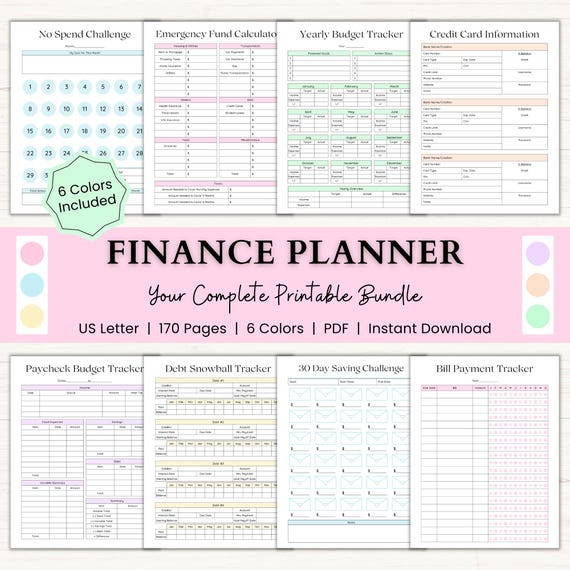 Finance Planner Printable | Adhd Budget Binder | Monthly Bill Tracker | Weekly Financial Planner | Debt Payoff Tracker | PDF | 6 Colors