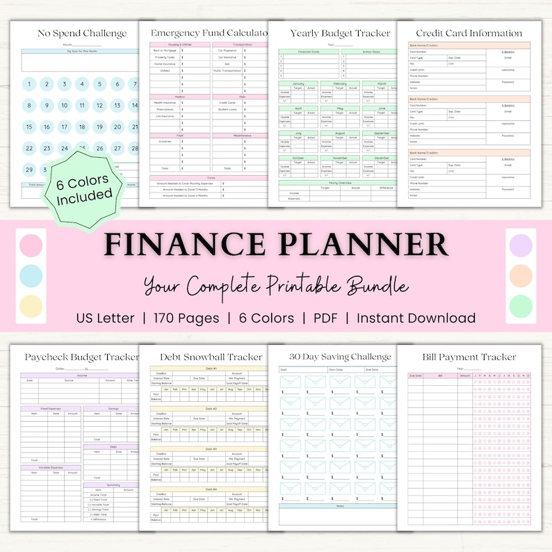 May include: A printable finance planner bundle with various templates, including a no-spend challenge, budget tracker, and debt snowball tracker. The title "FINANCE PLANNER" is displayed prominently. Includes 170 pages and 6 colors.