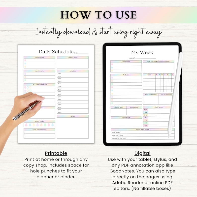 Ultimate Life Planner Printable Bundle – ADHD Productivity, Habit & Self-Care Organizer | Household, Travel and Emergency Tools | Rainbow imagem 9