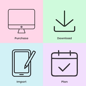 May include: A four-quadrant graphic featuring black line icons on pastel backgrounds. Top left: a computer monitor labeled Purchase. Top right: a download arrow icon labeled Download. Bottom left: a tablet with a stylus labeled Import. Bottom right: a calendar with a checkmark labeled Plan.