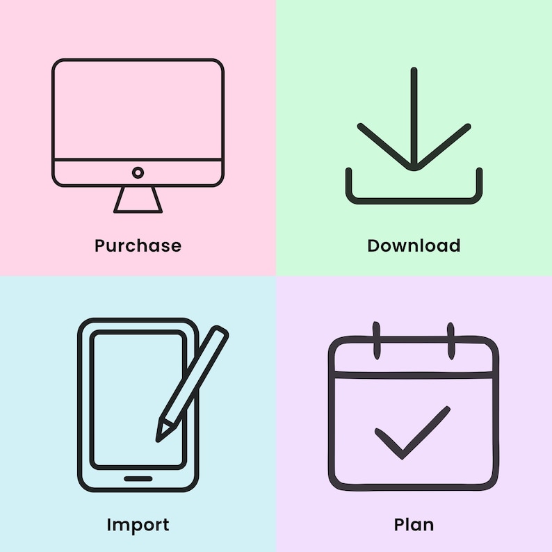 May include: A four-quadrant graphic featuring black line icons on pastel backgrounds. Top left: a computer monitor labeled Purchase. Top right: a download arrow icon labeled Download. Bottom left: a tablet with a stylus labeled Import. Bottom right: a calendar with a checkmark labeled Plan.